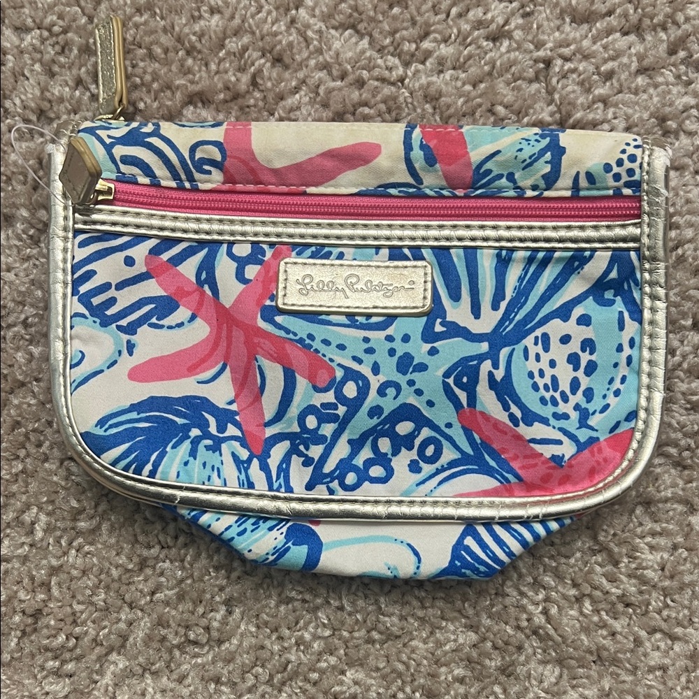 Lilly Pulitzer Pink & Blue Shell-Print Cosmetic Pouch with Metallic Trim